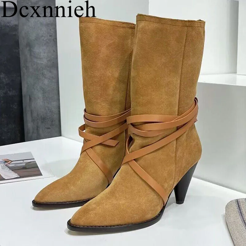 

2023 New pointed mid length boots women's retro straps and calf boots women Spring and Autumn fashion high heel mid length boots