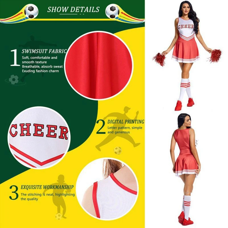 Girls Cheerleading Costume Sleeveless Dance Uniform Lady Cheerleader Outfit Round Neckline Letter Print Dress Flower and Socks