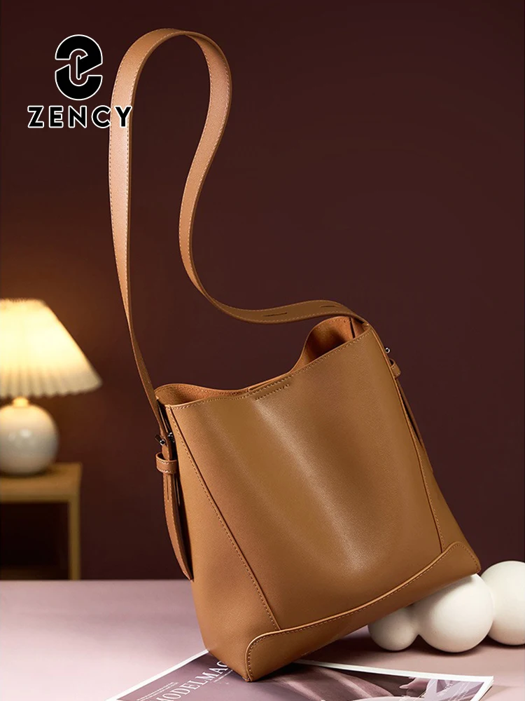 Zency New Split Leather Casual Shopper Shoulder Bag Commuter Large Bucket Handbag Simple High Quality Women Tote Underarm Bag 3