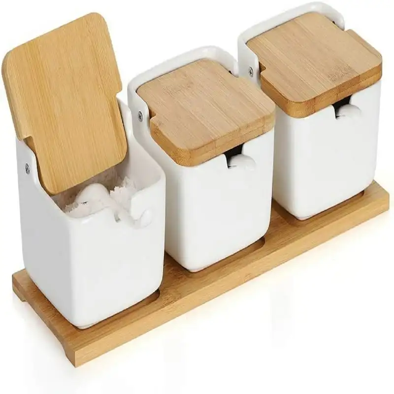 

Ceramic Sugar Bowls with Spoon and Bamboo Lid Set of 3