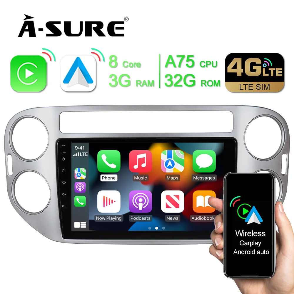 

A-Sure 4+64GB Wireless CarPlay 2 Din 9'' Android 11 Radio Car Multimedia GPS Navigation For VW Tiguan 1 NF Golf 5 Plus 2007-2016