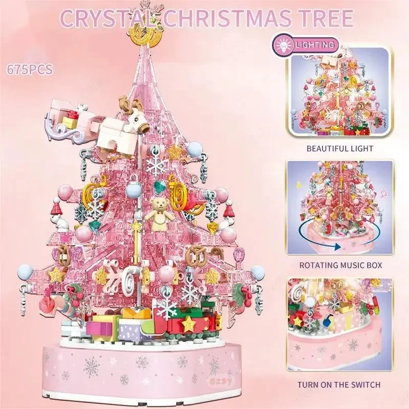 

675PCS Crystal Christmas Tree Building Blocks Romantic Pink Music Box With Light Model Bricks Desktop Decoration Children Gifts
