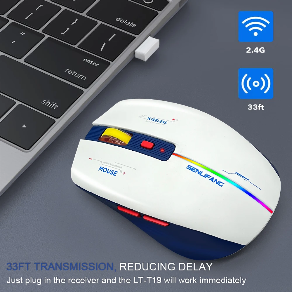 Mouse para jogos recarregável ergonômico LT-T19 USB 2.4G sem fio RGB Light Desktop PC Computadores Notebook Laptop Ratos