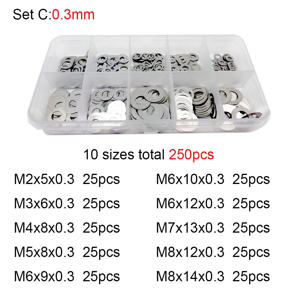 304 Stainless Steel Ultra Thin Washer Set 250x 0.1/0.2/0.3mm M2 M3 M4 M5 M6 M7 M8