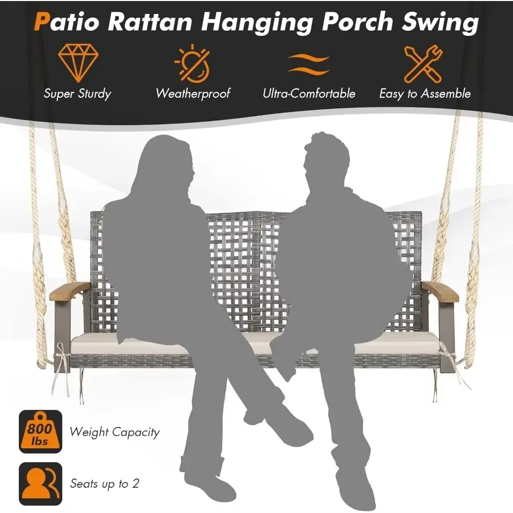 2-Person Patio Porch Swing Chair, Outdoor Rattan Swing Bench with Acacia Wood Armrests & Two 118” Hanging Ropes 3