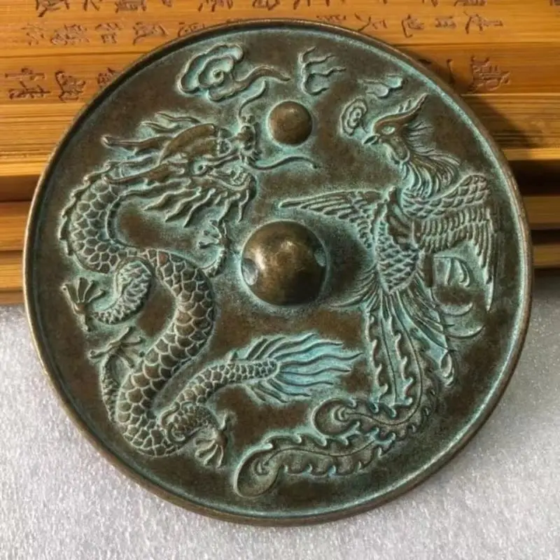 

3.9'' Old Chinese Dynasty Bronze Feng Shui Dragon Phoenix Pattern Copper Mirror