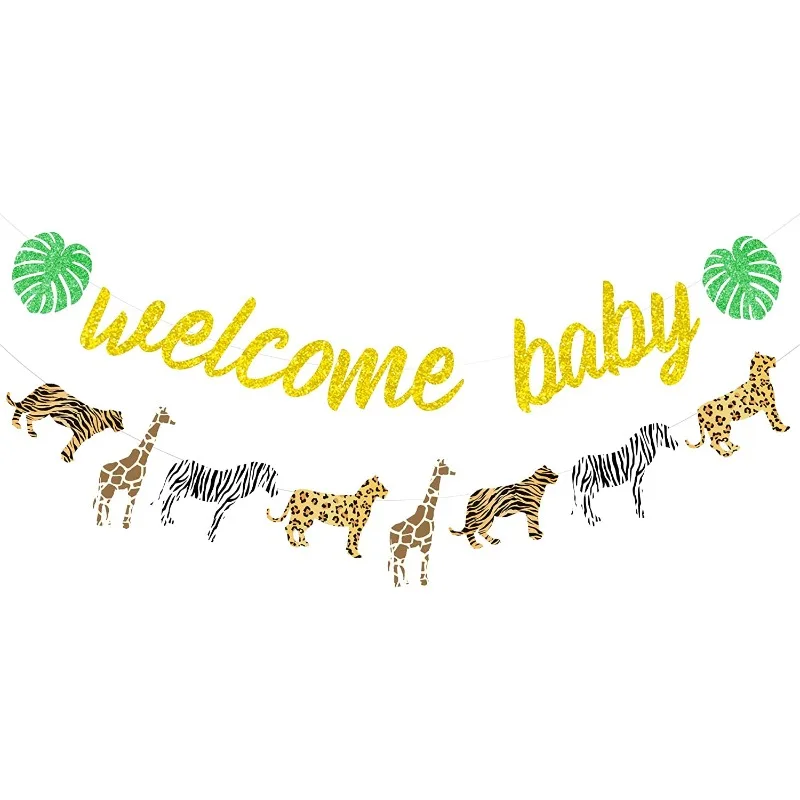 

Jungle Welcome Baby Banner Gold Glitter Animal Print Cheetah Garland Safari Theme Baby Shower Gender Reveal Party Supplies