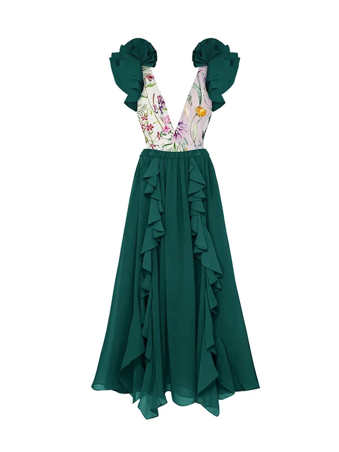 

Green Fashion Print Pleated V-neck Retro Elegant Holiday One-piece Swimsuit Long Covered Skirt 2023 Women's New Model
