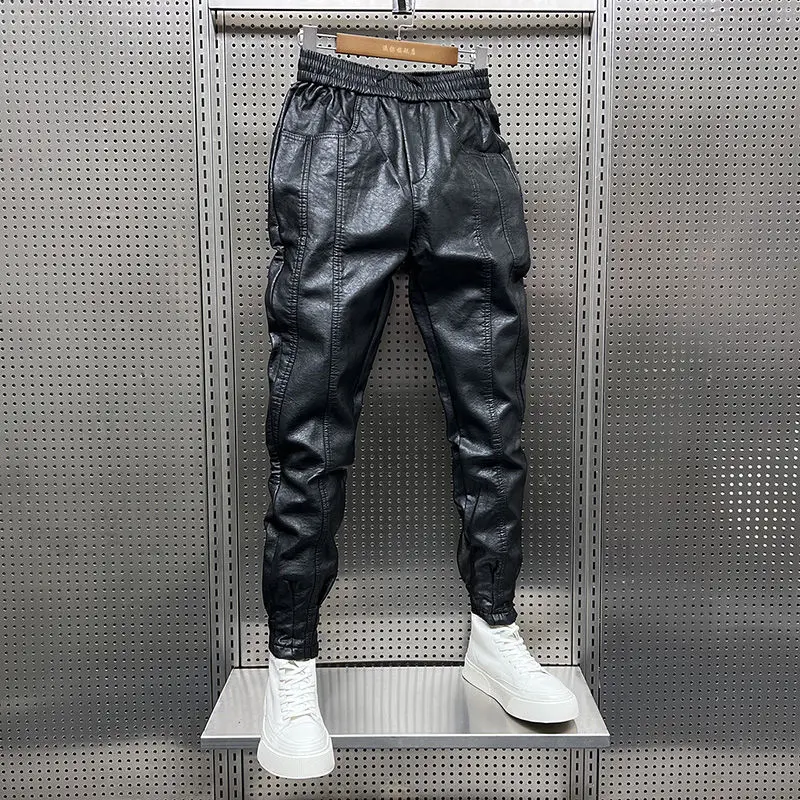 Men Trousers Men's Winter Luxury Korean Style Thermal Line Brushed Long Pants Slim Fitting Thickened Black PU Leather Trousers