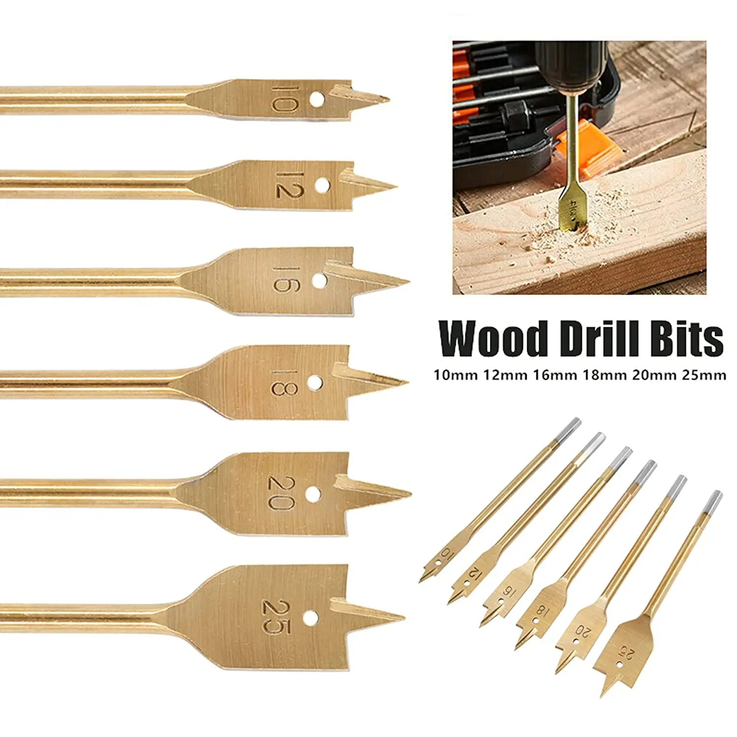 6 Pcs Spade Drill Bit Set Paddle Flat Bits Hole Cutter Titanium Coating Carbon Steel Woodworking Tool 10/12/16/18/20/25mm