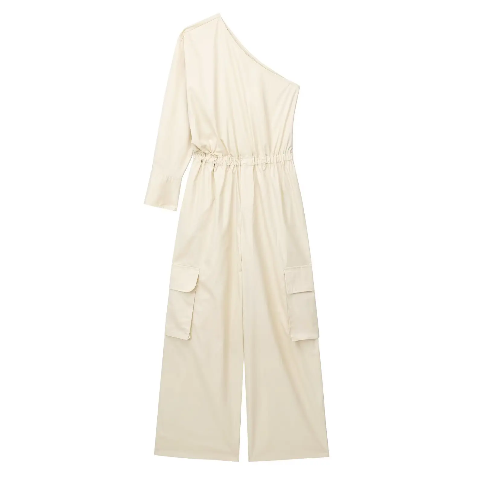 

Woman Fashion Beige Inclined Shoulder Cargo Jumpsuit 2023 Spring Female Solid Elastic Waist Jumpsuits Ladies Pocket Jumpsuit