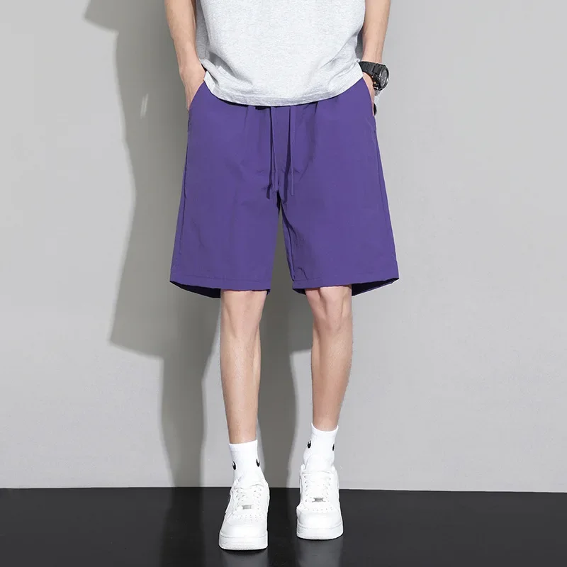 Men's Sporty Solid Color Loose Fit Beach Shorts Summer Vintage Candy Multi-Color Straight Leg Five-Quarter Skateboard Pants
