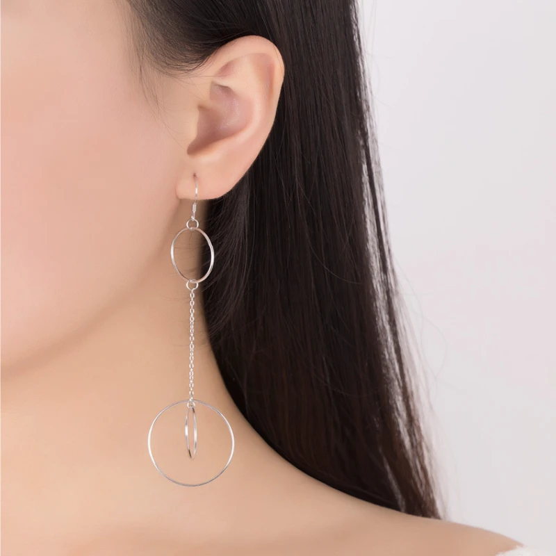 

S925 Silver Double Ring Tassel Women's Earrings Style Exaggerate Personality Creativity Fashion Round Party Jewelry