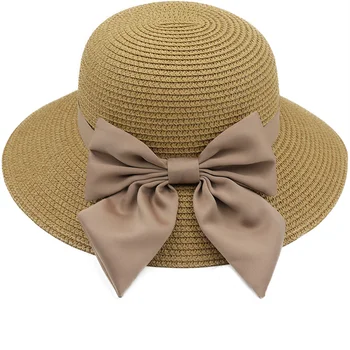 Simple Bow Summer Hat for Women Beach Sun Hat Girl Straw Hat Panama Fedora Cap Wide Brim Uv Protection Summer Cap for Female 1
