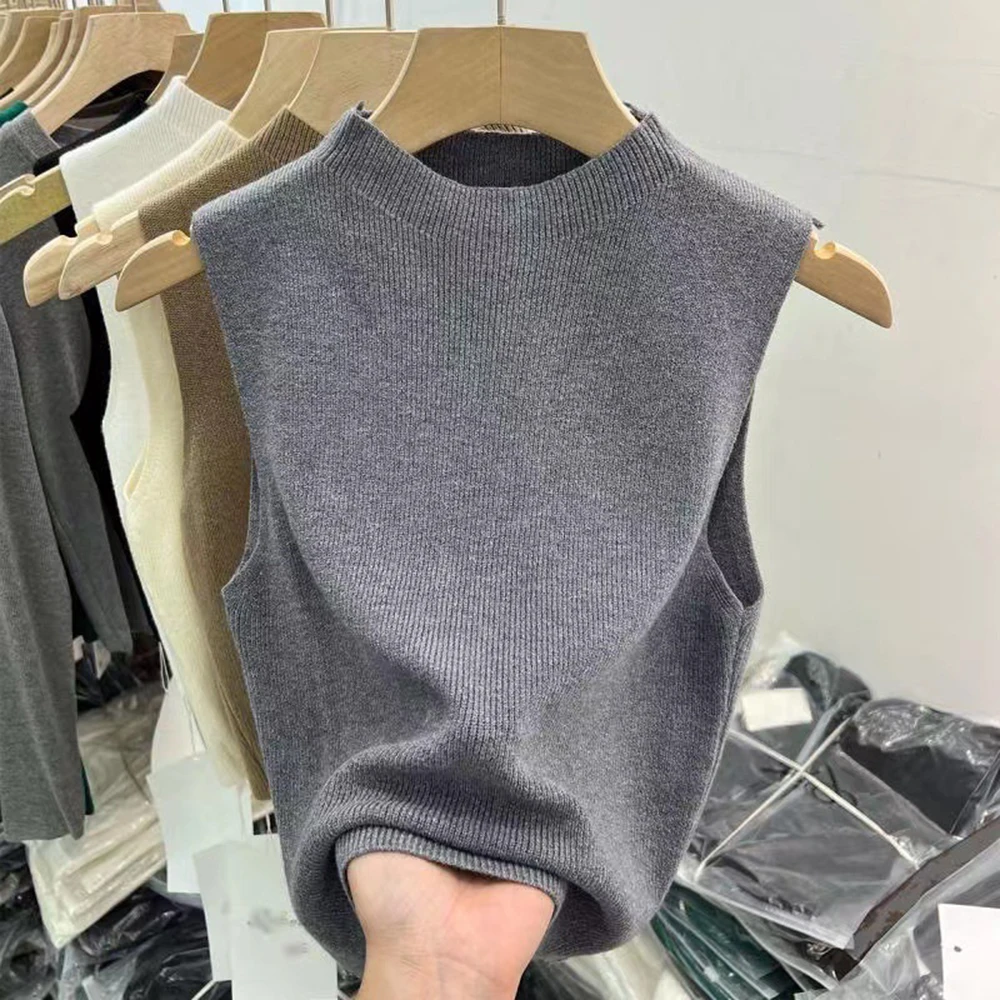 Spring Autumn Tank Tees Tops Knitted Sweater Camisole Temperament Cropped Half-turtleneck Vest Women Cropped Top Sleeveless