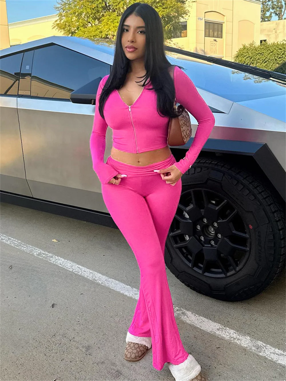 Women's 2024 Spring Festival new zipper long-sleeved hooded top flared pants fashion casual suit