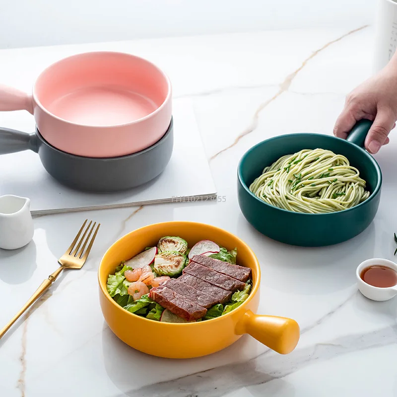 Simple Household Tableware Soup Noodle Baked Rice Bowl New Salad Bowl Multi Color Baking Bowl with Handle Spaghetti Plate