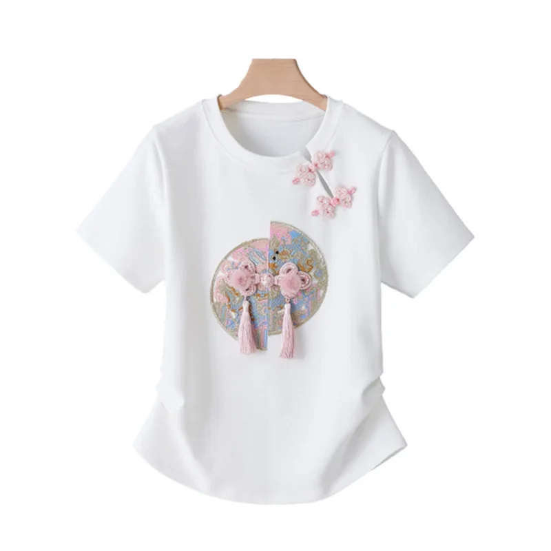 

Новая Асимметричная женская футболка в китайском стиле с вышивкой дисков, элегантные топы с двойной кисточкой и украшением, женские футболки с круглым вырезом и разрезом