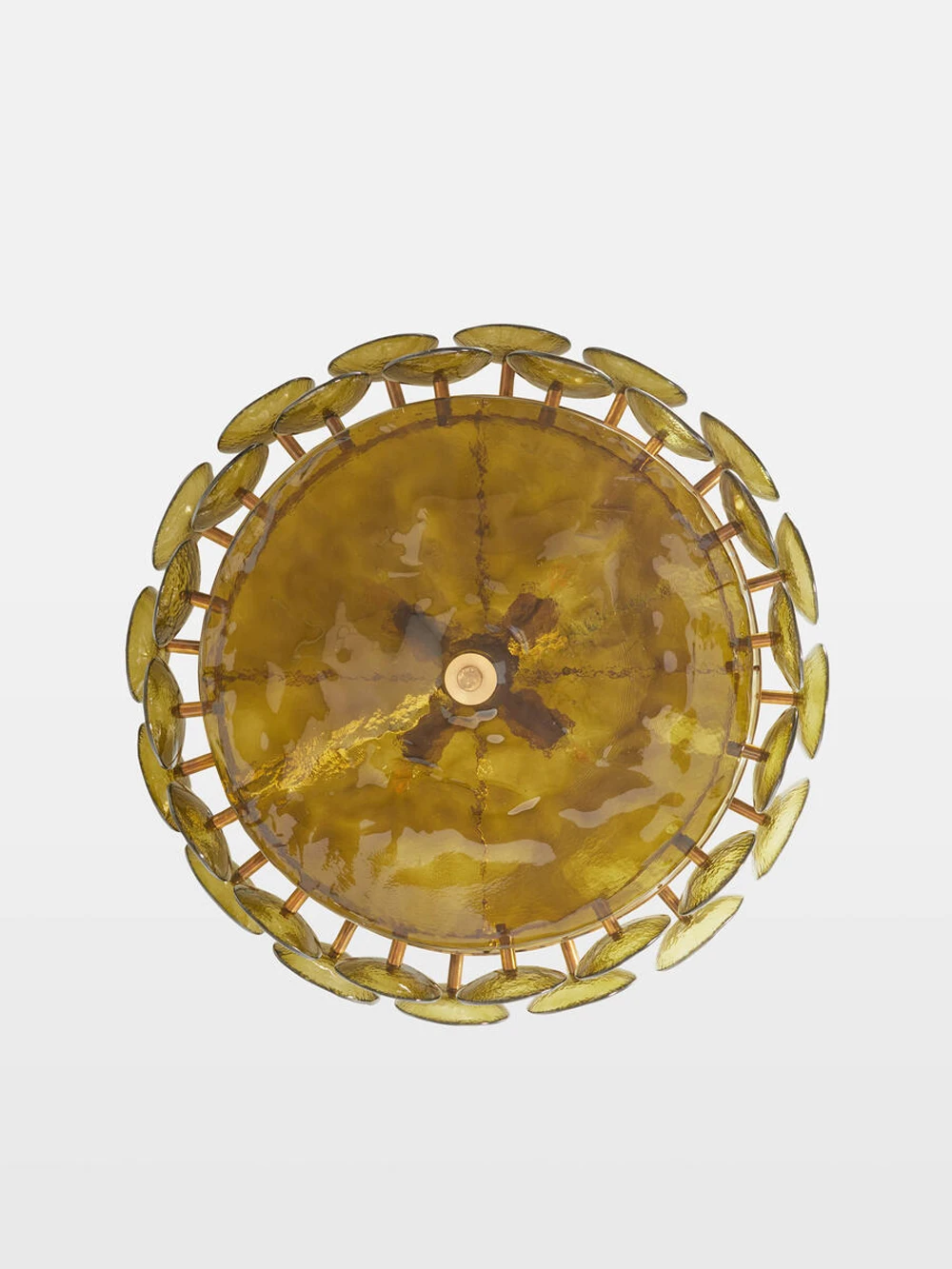 The Italian Retro Pendant Light is a round, golden-yellow fixture with a textured surface and evenly spaced oval accents around the edge, reminiscent of Murano glass, shown from above against a white background.