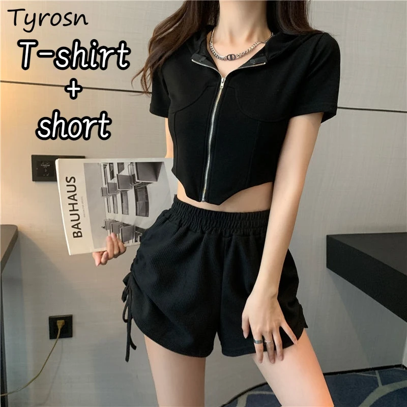 

Женские комплекты с ассиметричными шортами, однотонная дизайнерская бандажная повседневная футболка в корейском стиле, женская повседневная простая уличная одежда, летняя мягкая одежда Ins