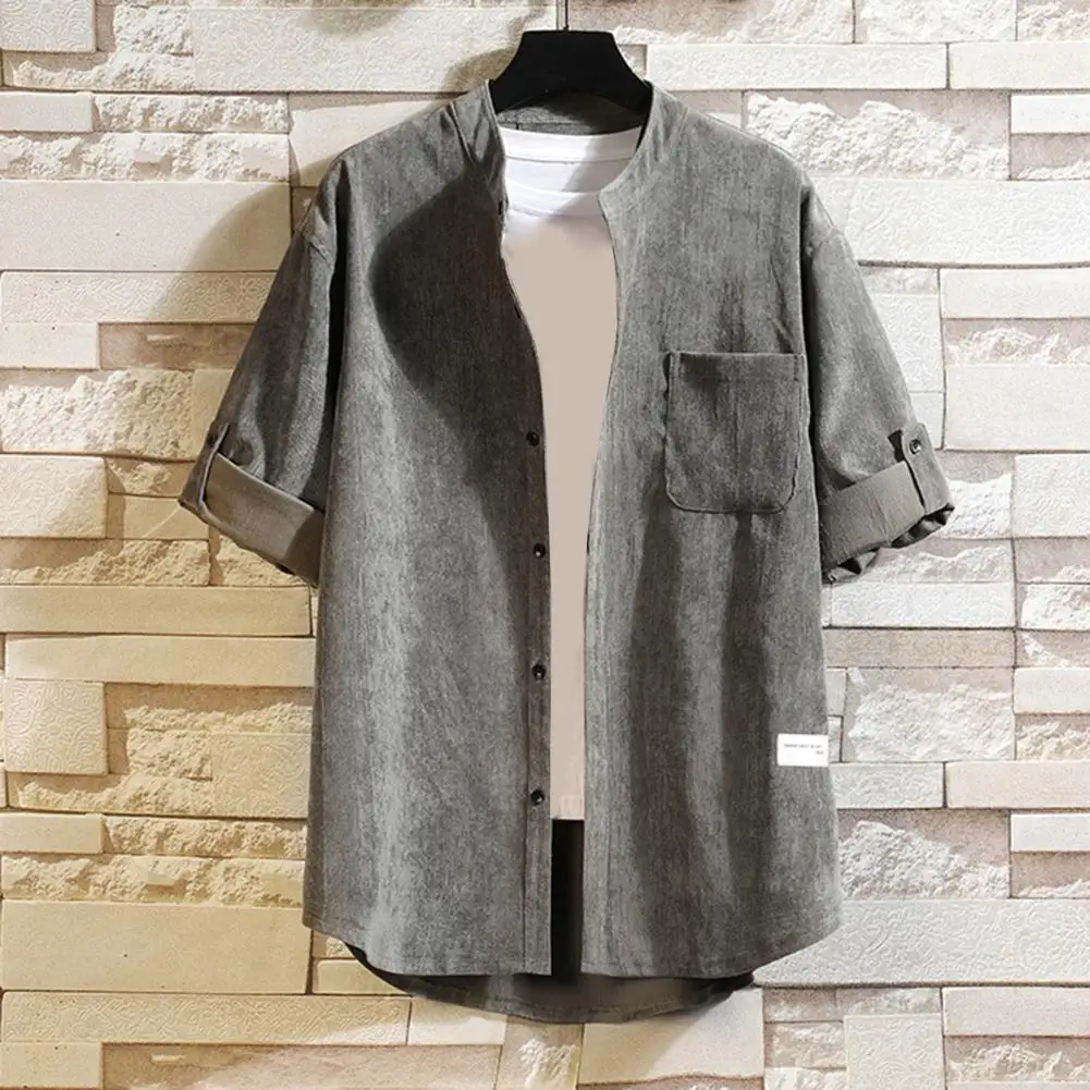 

Men Shirt Simple Style Button Closure Short Sleeve Stand Collar Dress-up Polyester Casual Men Single-breasted Shirt Top for Men