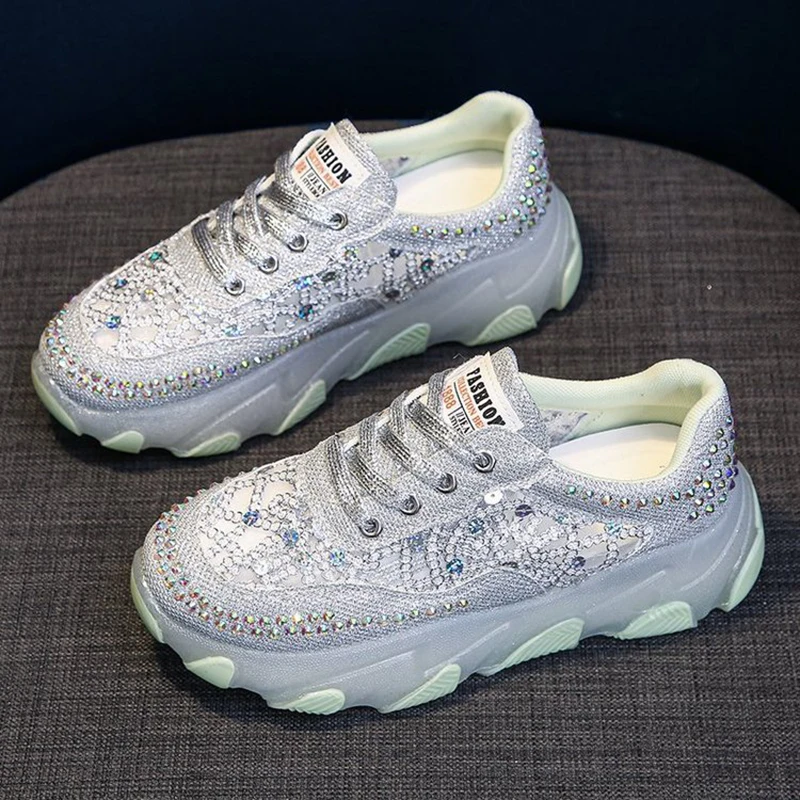 

New Silver Crystal Sneakers for Women Summer Casual Shoes Fashion Heightening Platform Shoes Female Lace Sneakers Sandals