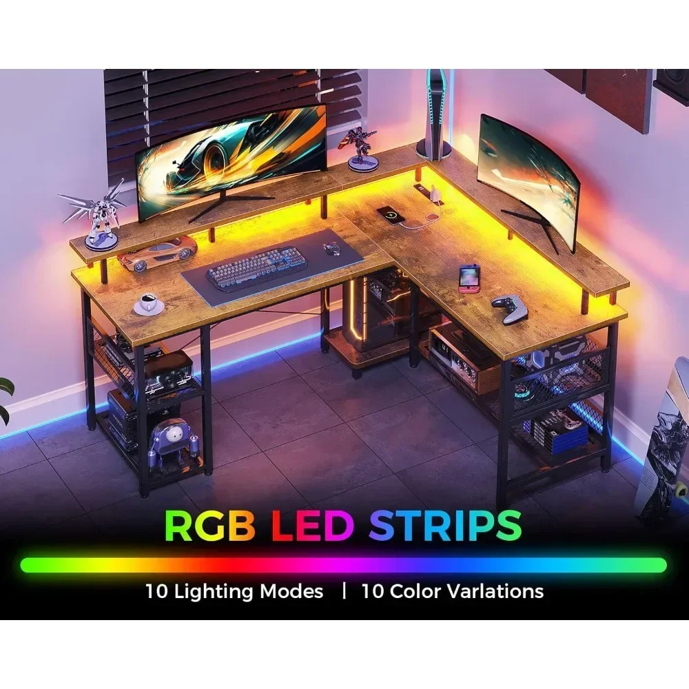 "59" l-shaped gaming desk with integrated power and usb ports, led-illuminated corner desk with storage"