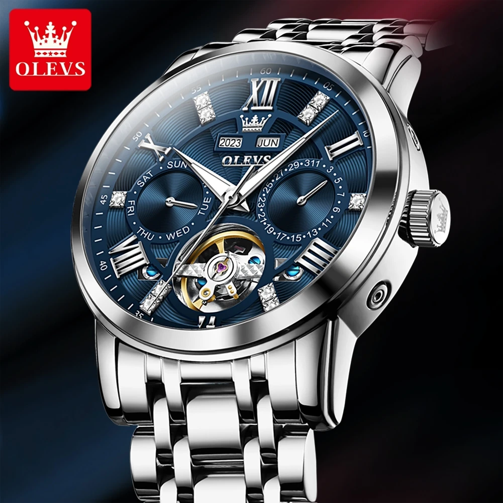 OLEVS Brand Luxury Tourbillon Watch for Men Stainless Steel Waterproof Week Calendar Multifunctional Mechanical Watches Mens