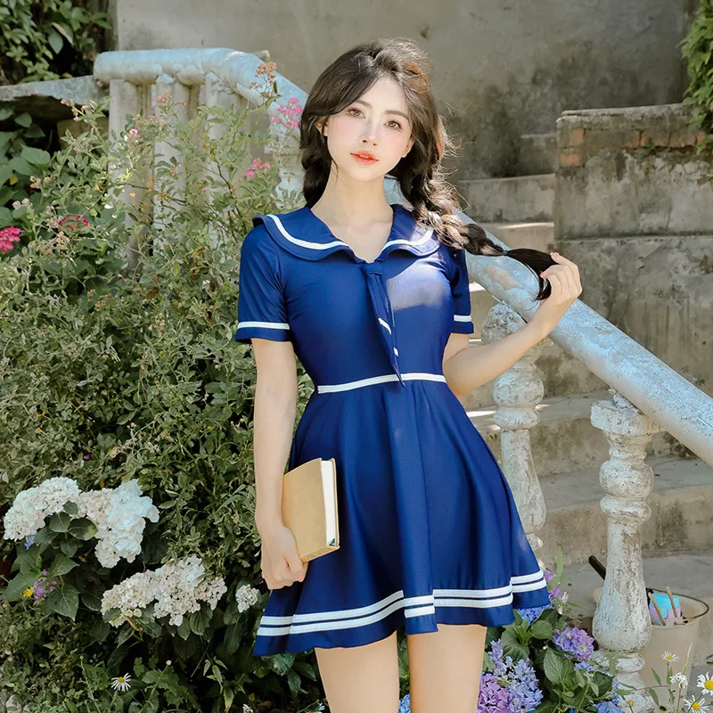 빈티지 세일러 수영복 레트로 원피스 스커티니 커버 업 수영복, 배 제어 목욕 세트, 반팔 래시가드
