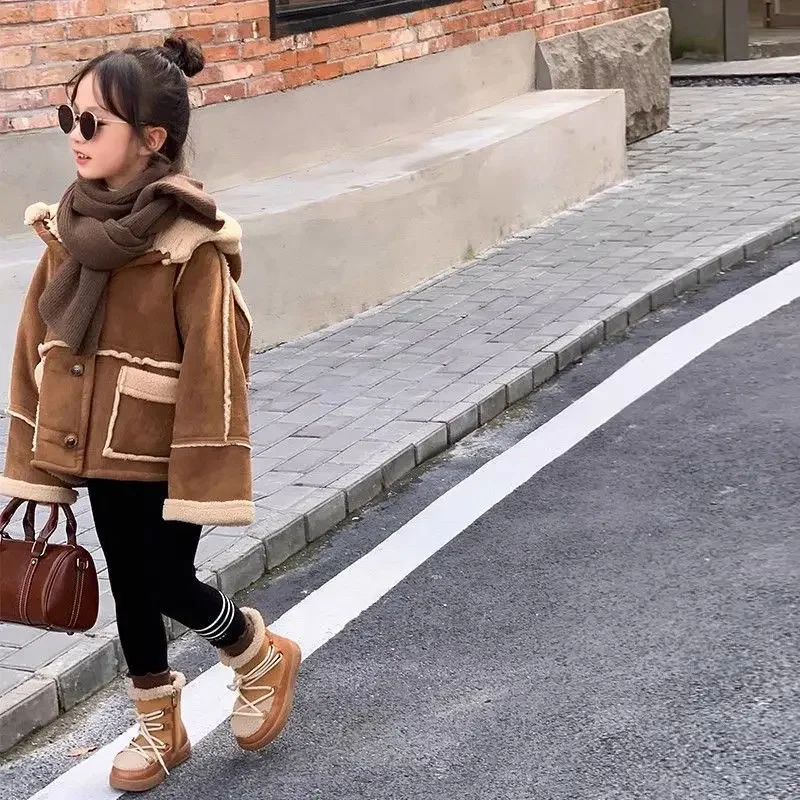 Children's Suede Jacket Autumn Winter Girls Korean Thick Fur One-piece Motorcycle Suit with Suede Double-sided Woolen Sweater