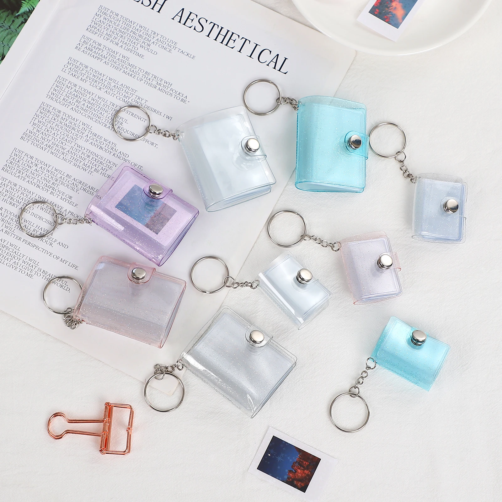 16 시트 귀여운 미니 키 체인 사진 앨범 1/2 인치 스냅 버튼 포켓 폴더 저널 노트 재료 종이 스토리지 도서 편지지