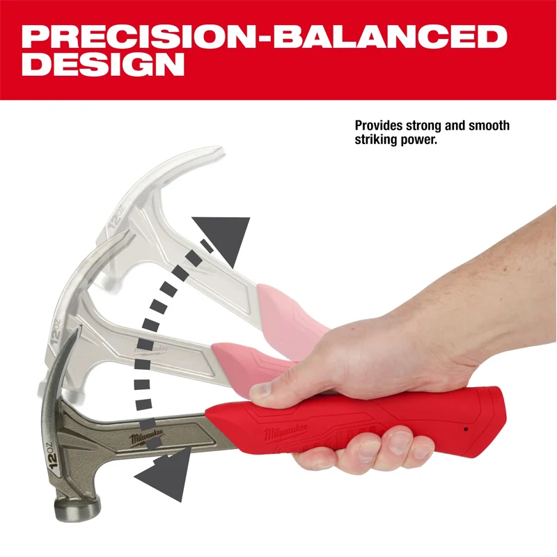Milwaukee 48-22-9019 Finish Hammer 12oz Smooth Face Hybrid Claw Shock Absorbing Handle High Impact Force Tool Hammer 5