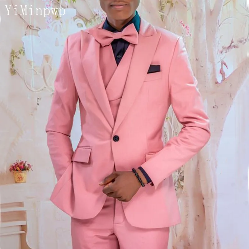 

YiMinpwp Pink Men Suits 3 Piece Slim Fit Peaked Lapel One Button Prom Party Suit Blazer Jacket Tuxedos Groom Wear Coat+Vest+Pant