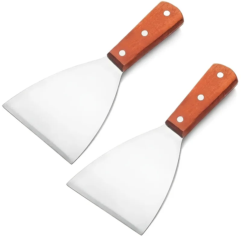 Set Of 2 Stainless Steel Spatulas for Grilling Iron Plate Cooking Pizza Steak Wooden Handle Slotted Spatula