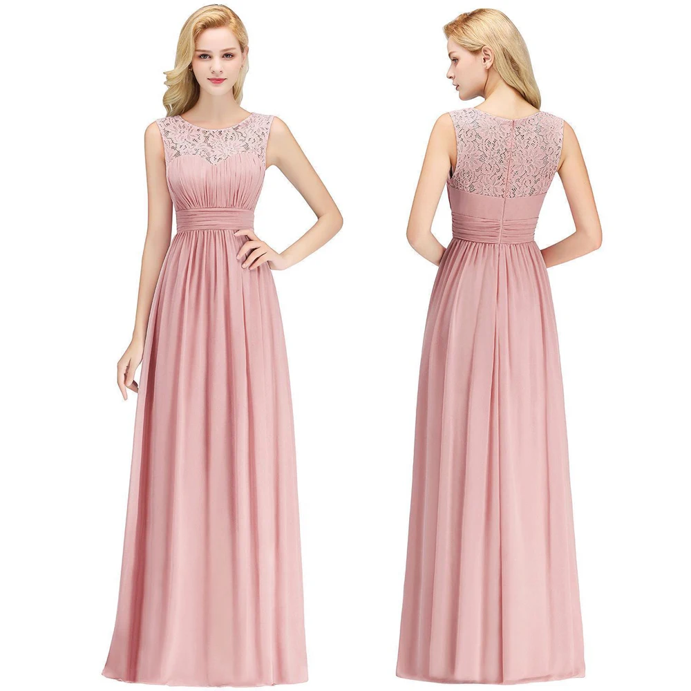 2024 Lace Dusty Pink Bridesmaid Dresses Elegant Illusion Neck Zip Long Chiffon Wedding Guest Gown Formal Party Maxi Dress