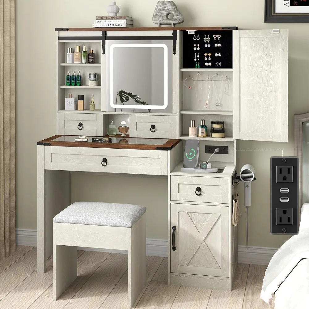 

Makeup Vanity with Sliding Mirror and Lights,42" Glass Top Vanity Table with Charging Station&4 Drawers&2Cabinets,Stool Included