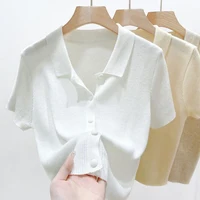 Korean Women's Lapel Short Sleeve Solid Color All Match Slim Knitted Cardigan 2