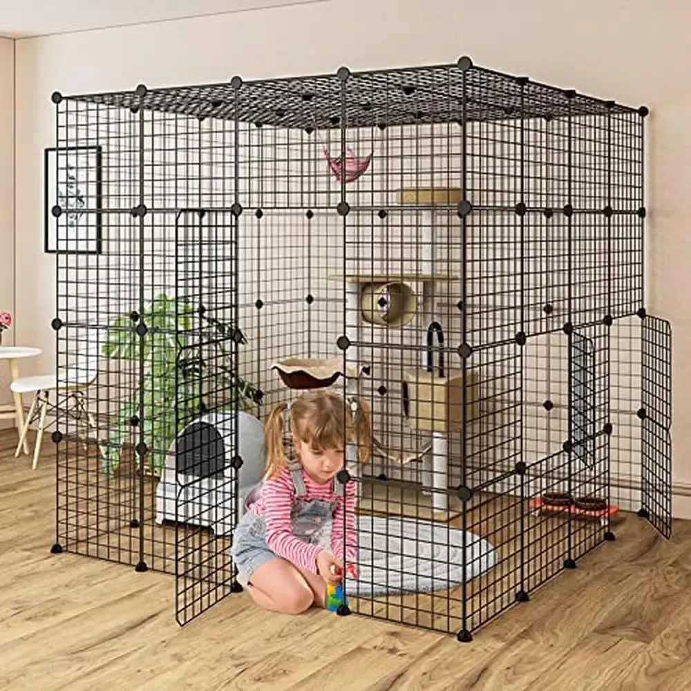 Cat Cage Enclosure Playpen Metal Wire 4-Tier House Kennel Crate 55x55x55 Inch Black Without Platform