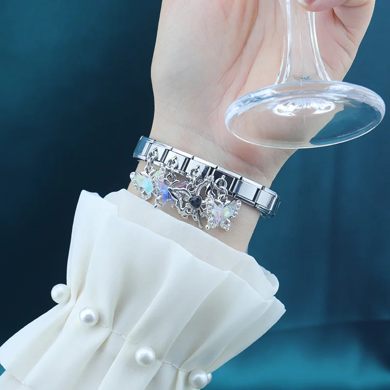 Hapiship 2024 Women Fashion Butterfly Shiny CZ Italian Charms Links Fit 9mm Stainless Steel Bracelet DIY Making Jewelry DJ1091