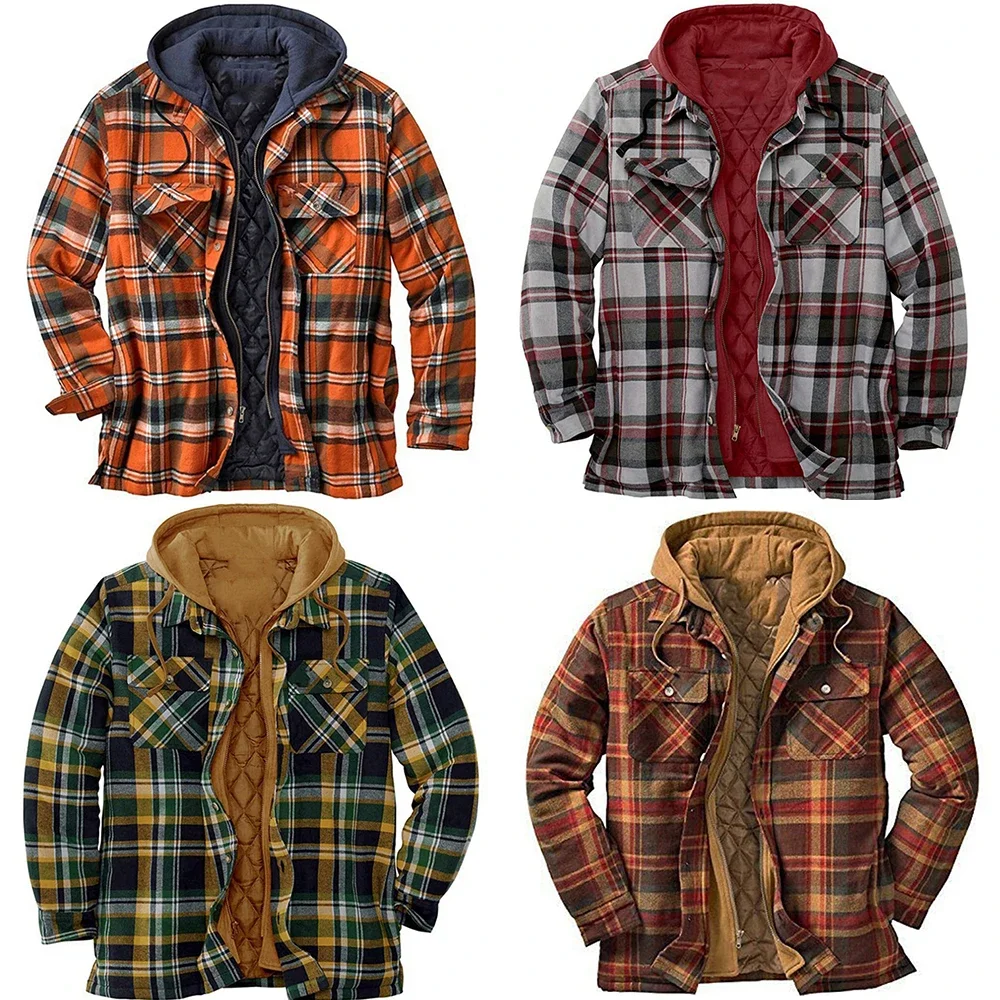 Fashion Autumn Winter Warm Men's Clothing European American Fleece Thick Keep Warm Outerwear Plaid Quilted Lined Hooded Jackets