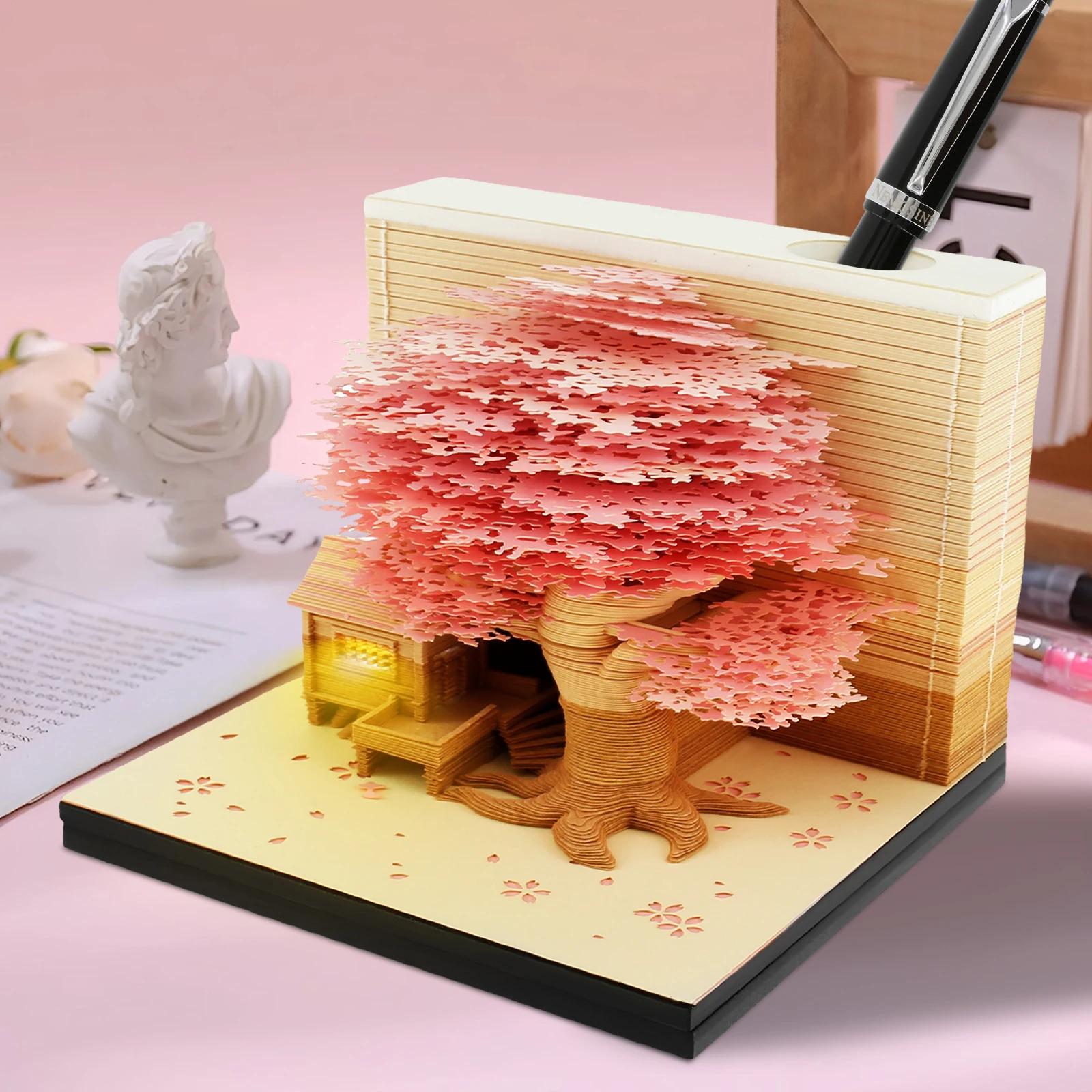 

3D Desk Note Pad Creative Tree House Memo Pad with LED Light Tear-Away 3D Art Note Pad DIY 3D Memo Pad Paper Carving Art for