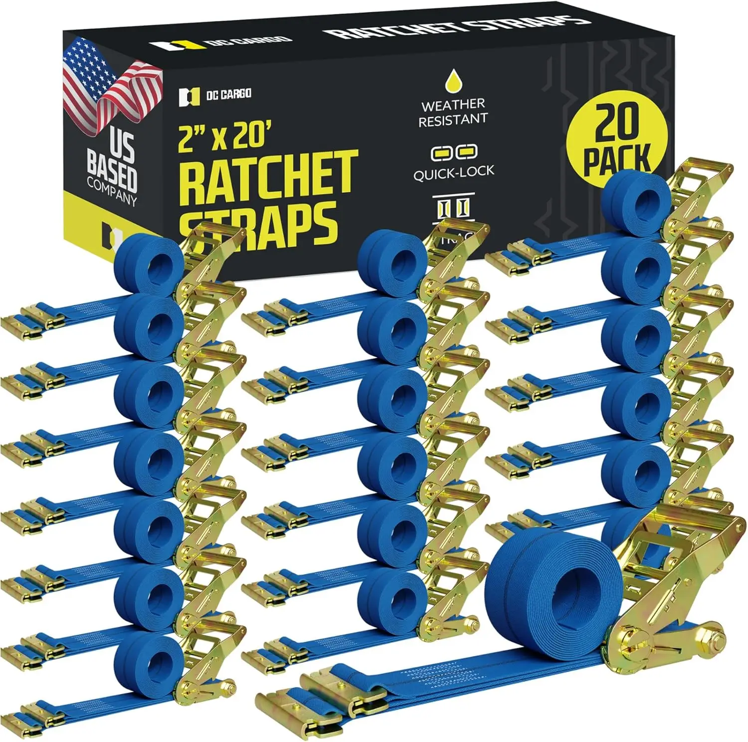 Ratchet Straps Cargo Tie-Downs, (Pack of 20) 2 x 20 Heavy Duty Blue Tie-Down Straps, Strong Ratchet Strap, E Trac