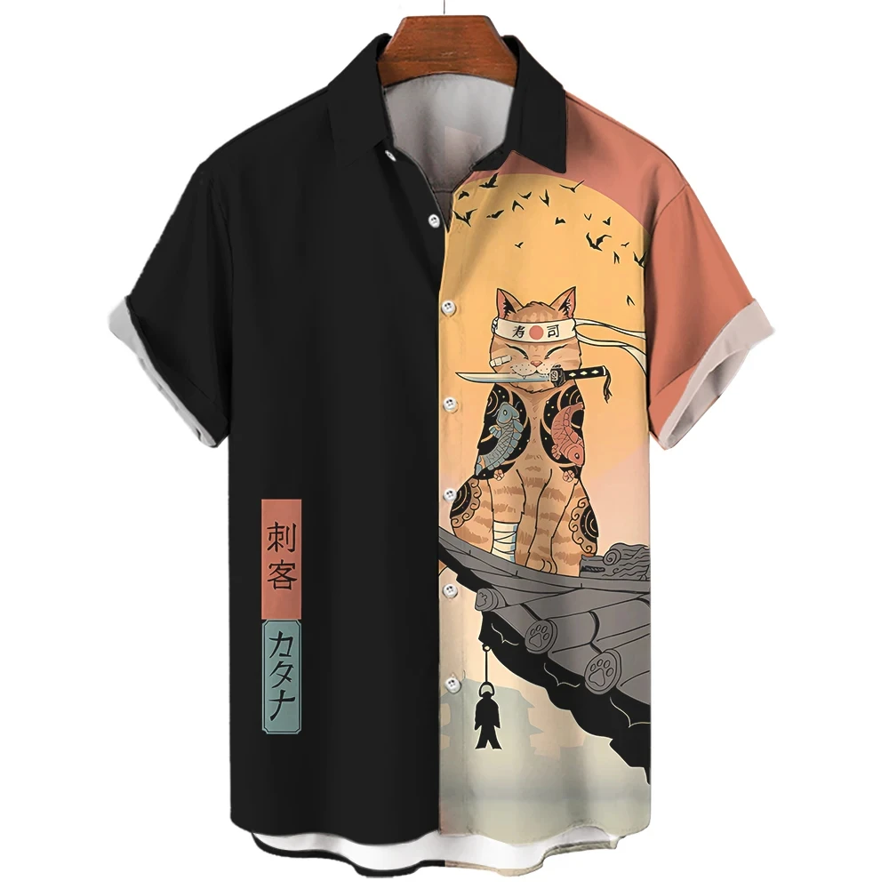 Fashion Men\'s Shirt Cool Samurai Cat Tops Summer New Men\'s Clothing Casual Short-Sleeved Buttons Loose Blouse Hawaiian Shirts