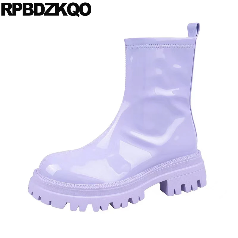 

Lavender Plain Medium Heel Boots Ankle Waterproof Platform Shoes Block Candy Women Solid Short Patent Leather Side Zip Round Toe