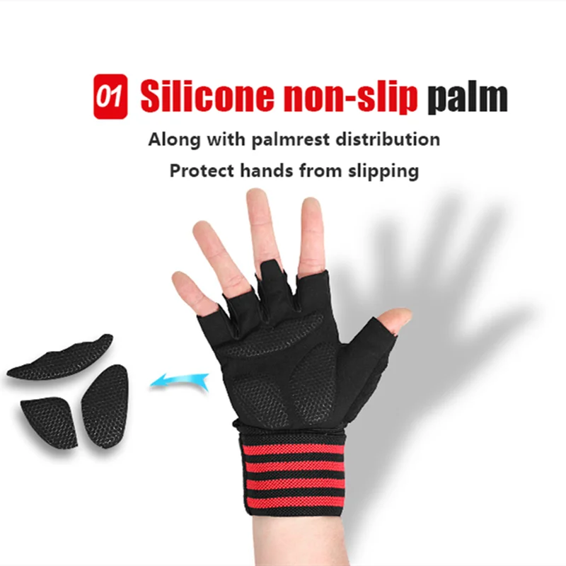 Body Building Gym Training Fitness WeightLifting Red Gloves Wrist Wraps Workout Half Finger For Men &Women 4