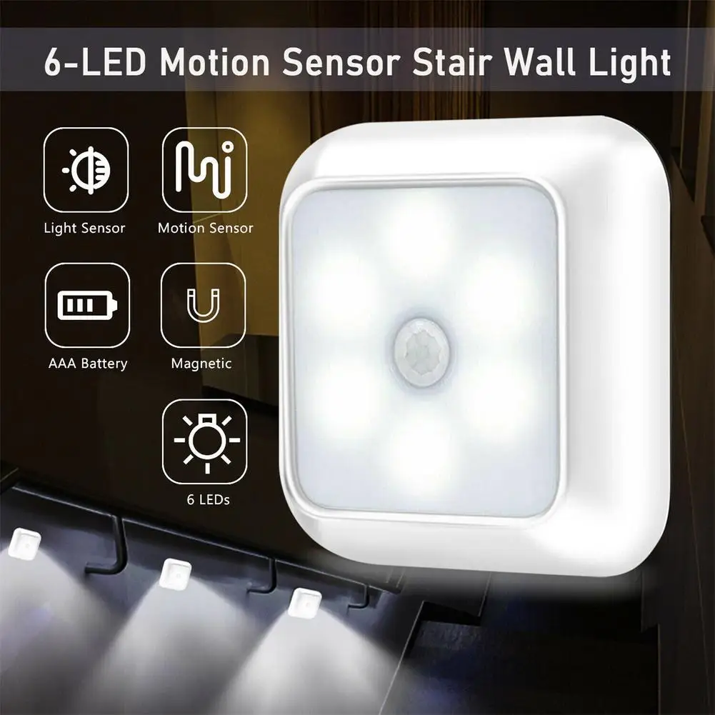 6leds Wireless Motion Sensor Night Light 120 Degree Angle Battery Powered Cabinet Closet Stair Lamp motion sensor night light 6 led closet lights rechargeable powered wireless cabinet ir infrared motion detector wall lamp