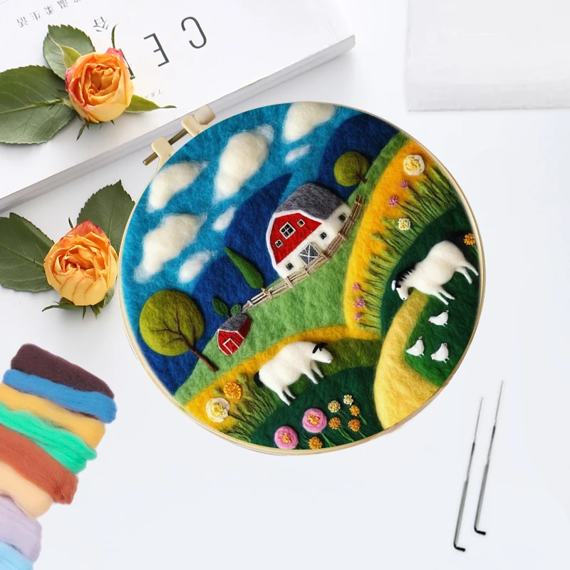 House Scenery Painting Kit Funny Wool Needle Felt Picture Handmade Wool Needle Painting Adults DIY Home Decor