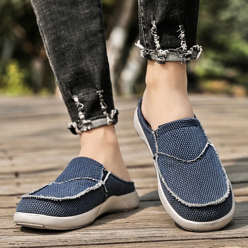 

Casual Slip on Mens Shoes Outdoor Walking Comfortable Canvas Slippers Korean Trend Baotou Half Drag Slides Zapatillas Hombre