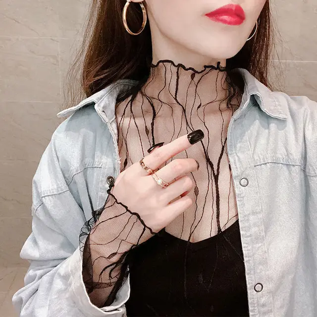 Sexy Black White Line Lace See-through T Shirts Women Transparent Mesh Bottoming Shirts Tops Tunic Long Sleeve Turtleneck Blouse 2