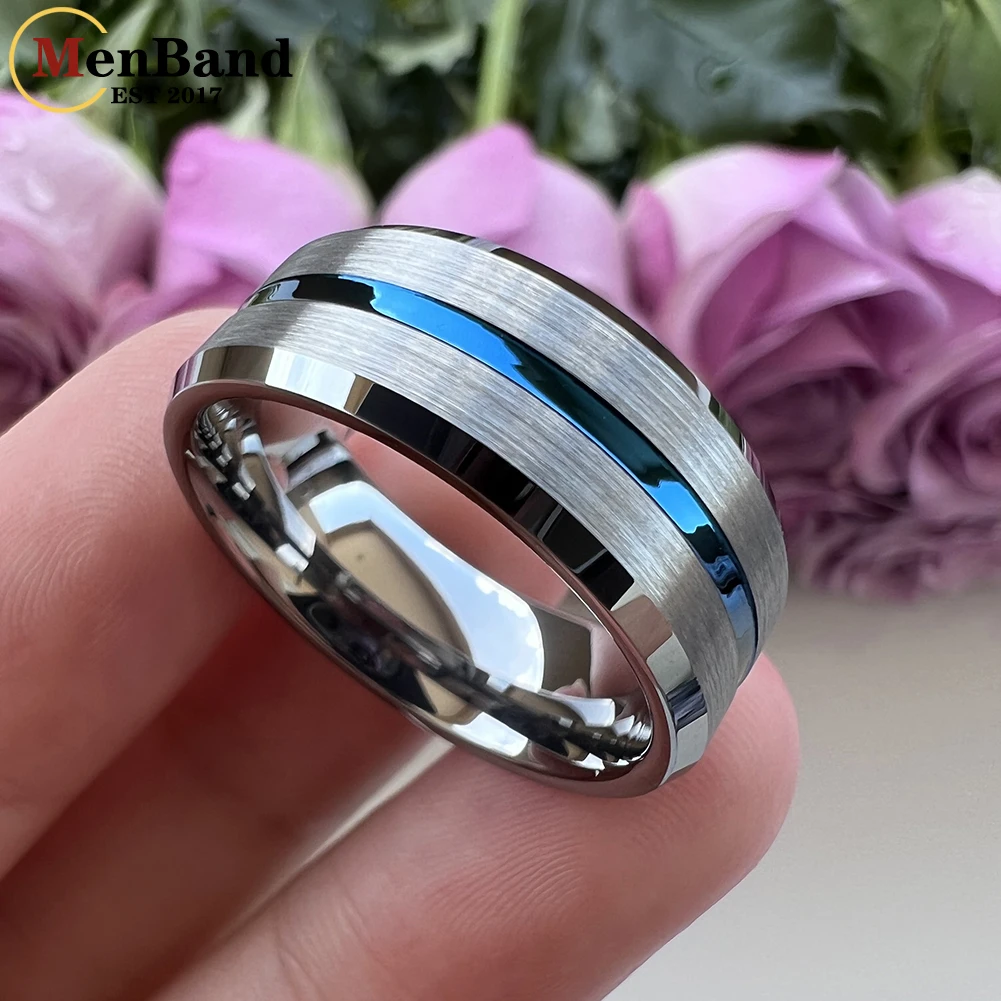MenBand Fashion 8MM Blue Center Grooved Flat Polished Men Women Tungsten Carbide Wedding Ring Stylish Gift Jewelry Comfort Fit
